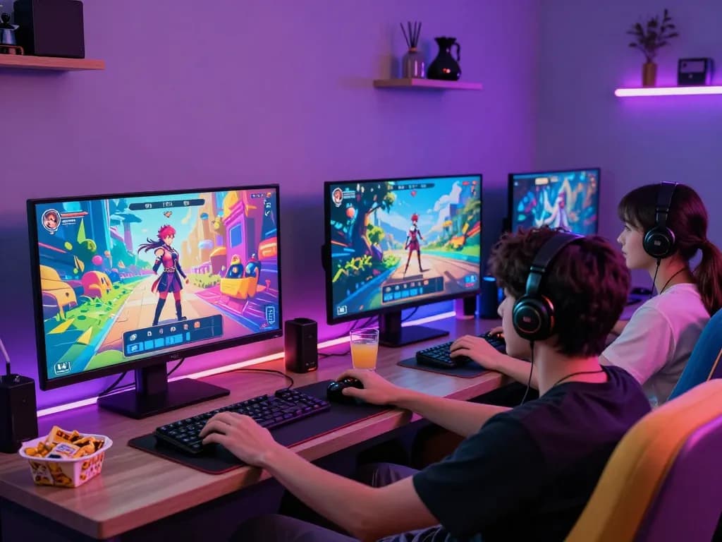Engaged players enjoying visually stunning experiences while they play porn games in a vibrant gaming room.