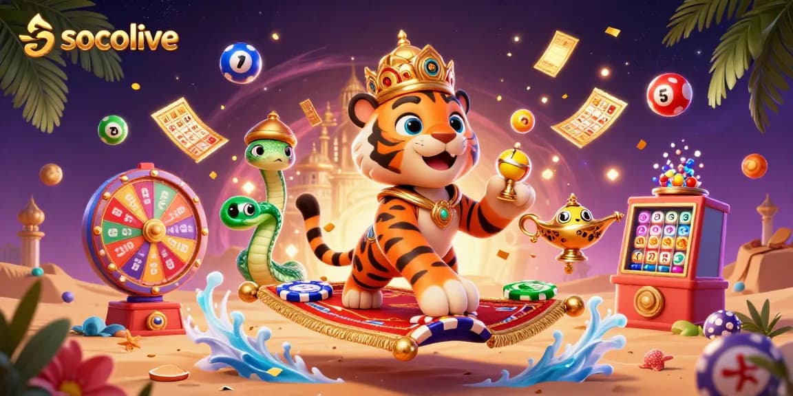 Socolive offers a vibrant journey through thrilling gambling elements with a tiger sultan on a magical carpet.