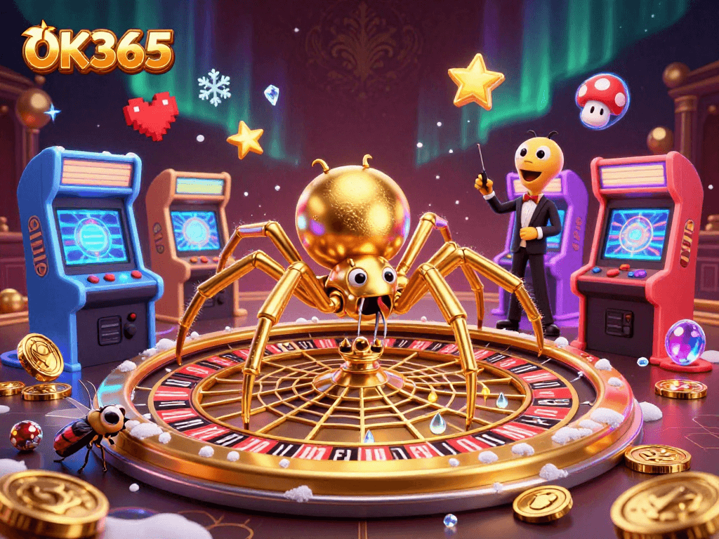 Experience thrilling gameplay with OK365's vibrant 3D illustration featuring a golden spider and dynamic casino elements.