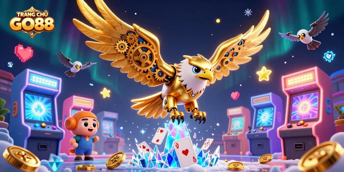 Immerse yourself in TRANG CHỦ GO88, where cybernetic golden eagles dive among dazzling casino elements.