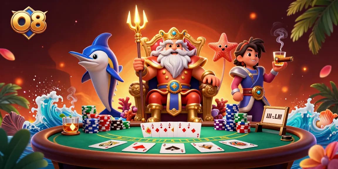 Engage with O8's dynamic poker experience featuring Neptune and colorful chips.