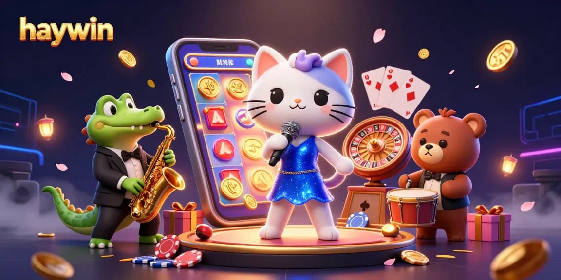 Haywin showcases a vibrant casino scene with a jazz-singer cat, saxophone crocodile, and drum-playing bear, surrounded by dynamic game elements.