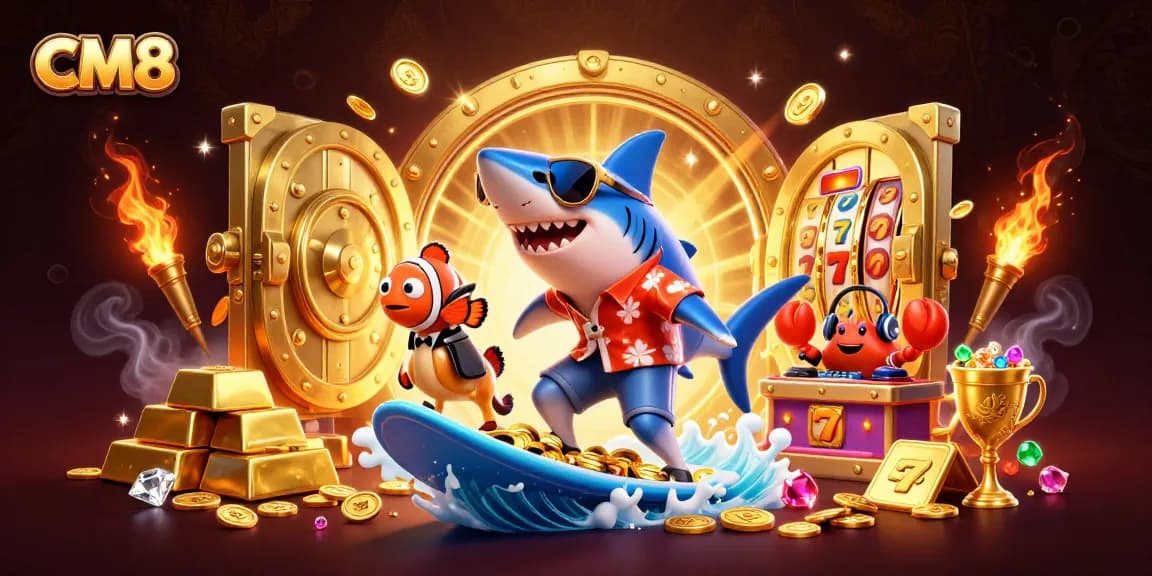 CM8 casino experience illustrated with a hammer-head shark surfing gold coins, emphasizing thrilling gaming action.