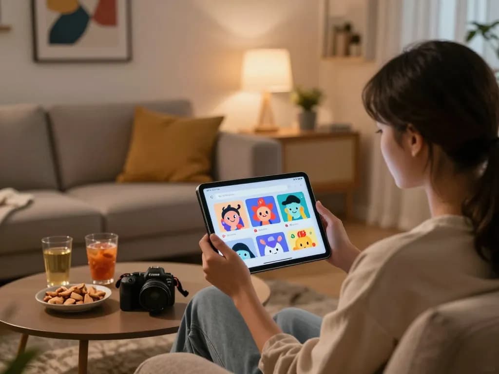 Engaging with 18+ ai chatbot in a cozy setting with colorful avatars.