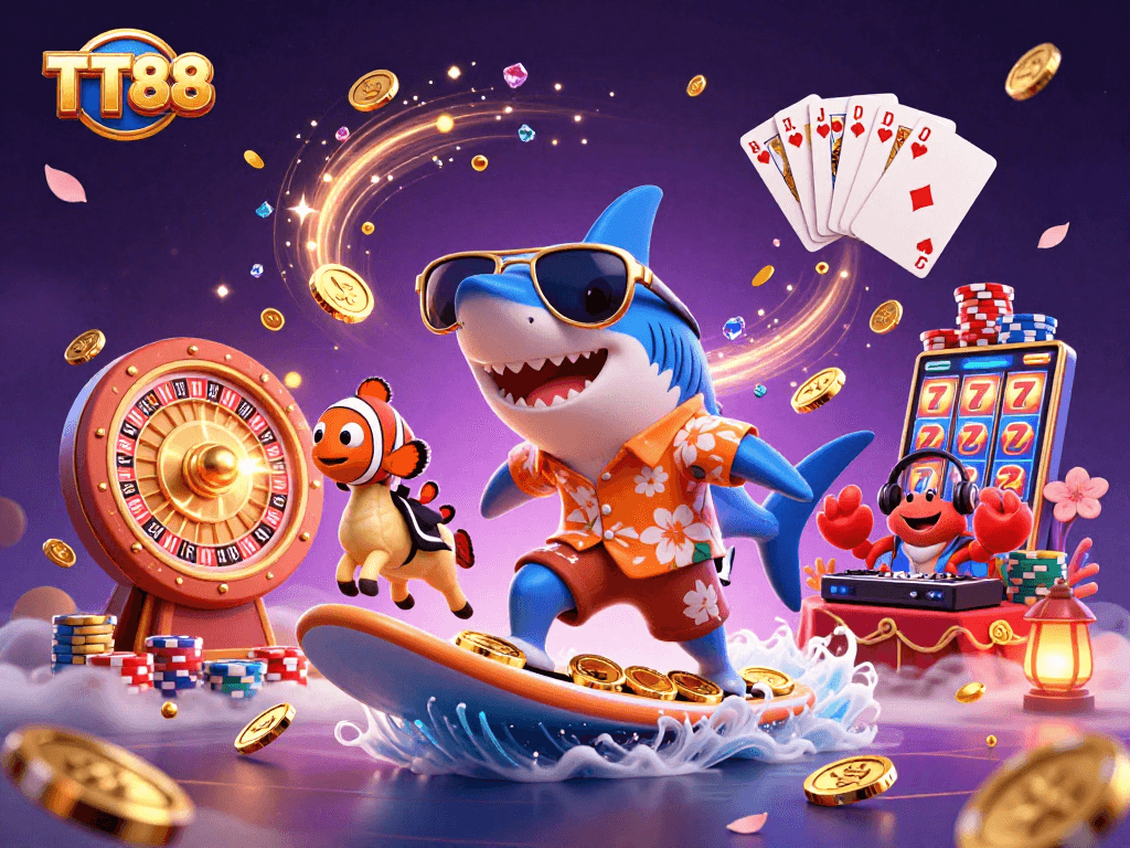 Surf the waves of gold coins at TT88 with a playful hammer-head shark and friends!