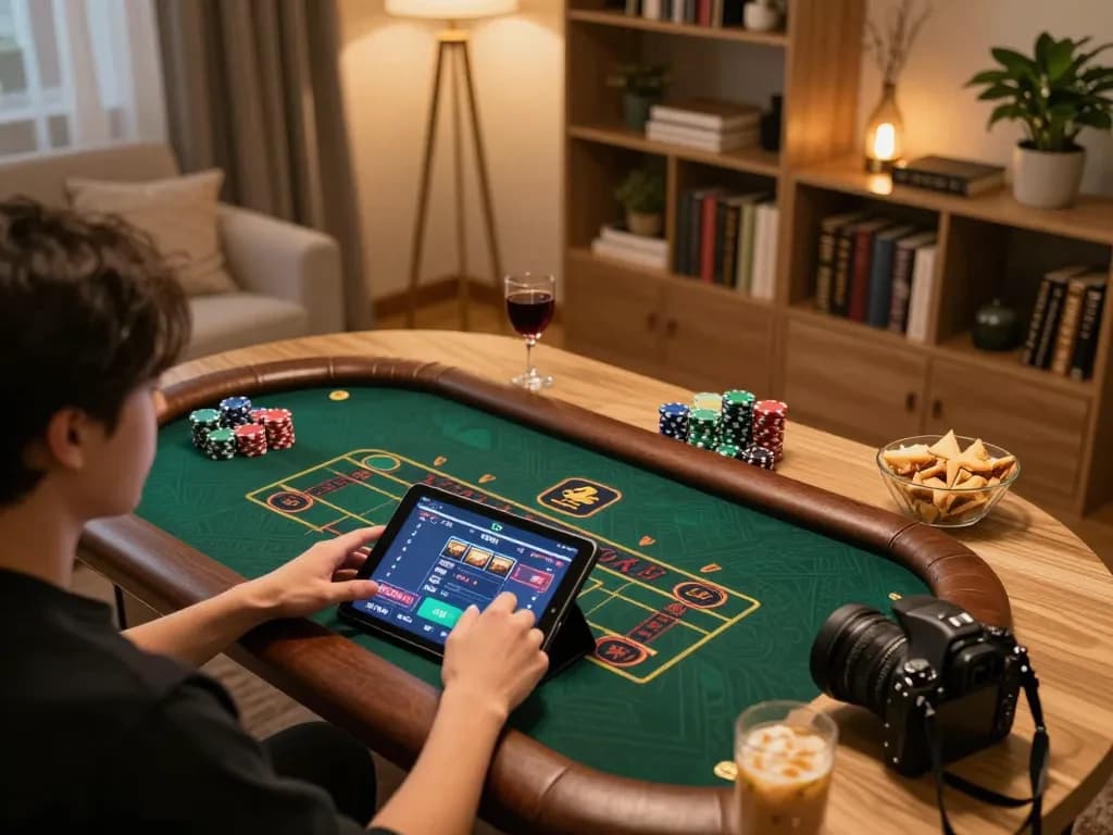 Engaging in online gambling at home using a tablet, showcasing xx88 gaming excitement.