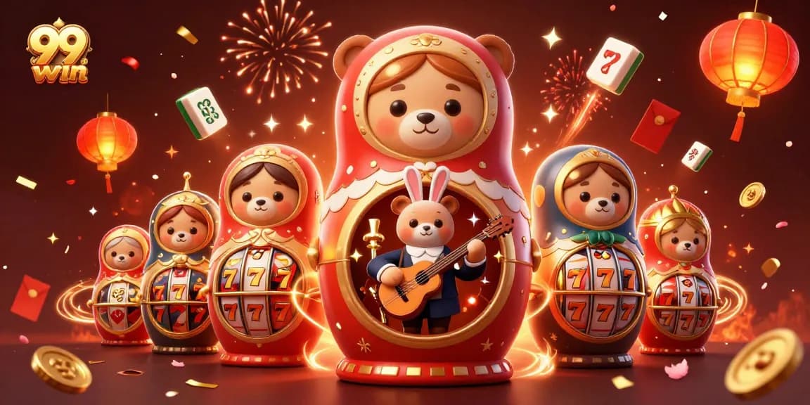 Experience thrilling slot action with 99win's festive casino scene featuring cartoon bears and gold symbols.