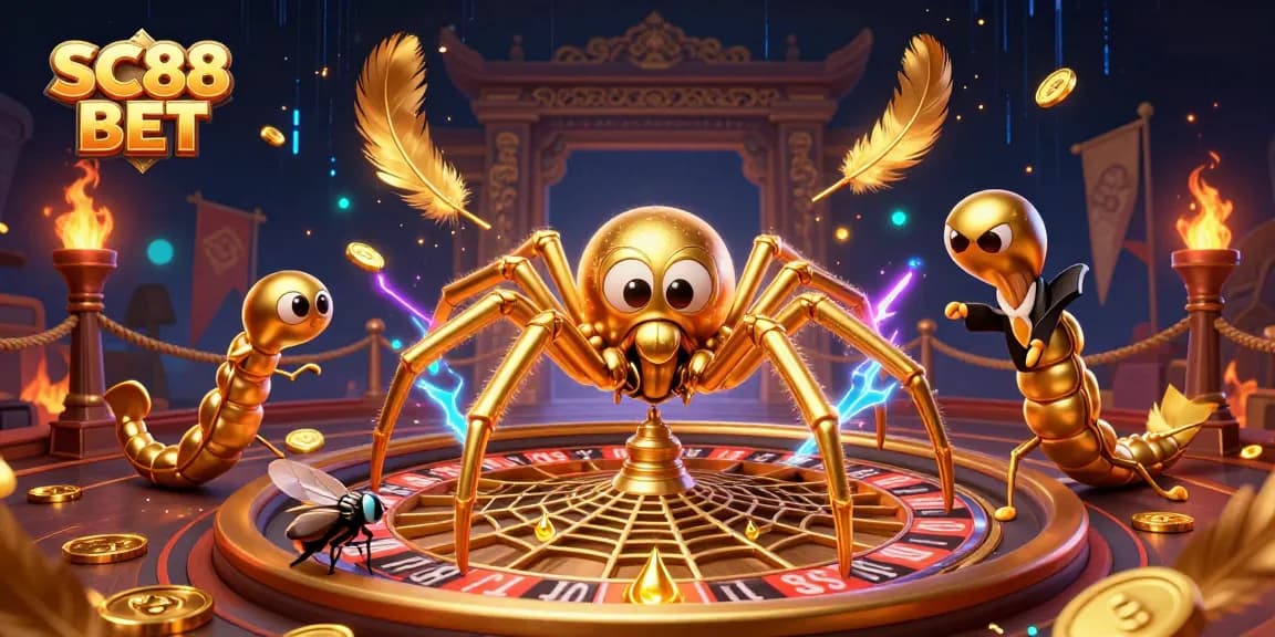 Place bets at SC88 BET within a vibrant 3D casino scene featuring a golden spider and dynamic roulette wheel.