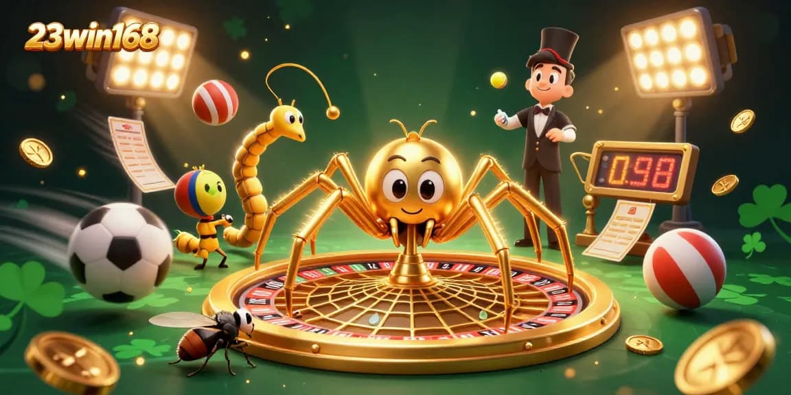 Engage with 23win168's vibrant gaming scene featuring a roulette wheel web, sports elements, and dynamic characters.
