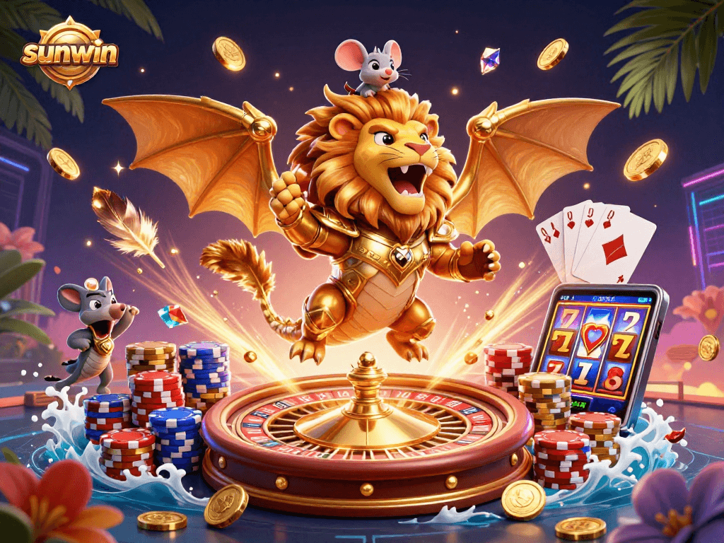 Win with sunwin in a vibrant 3D casino scene featuring a golden chimera and excitement!