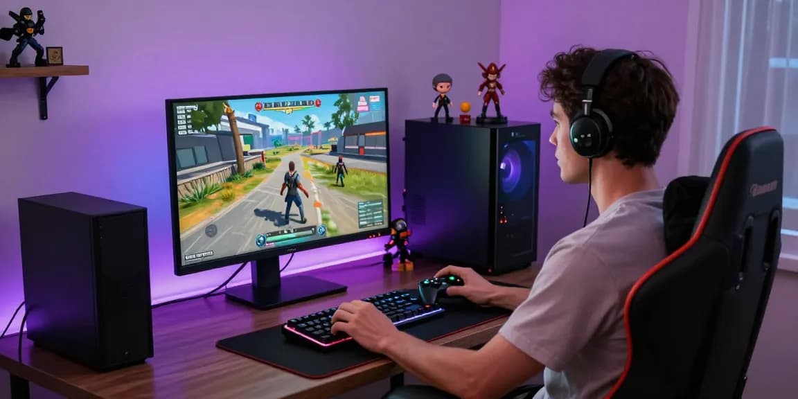 Adult game player engaged in immersive gaming experience at a stylish desk.