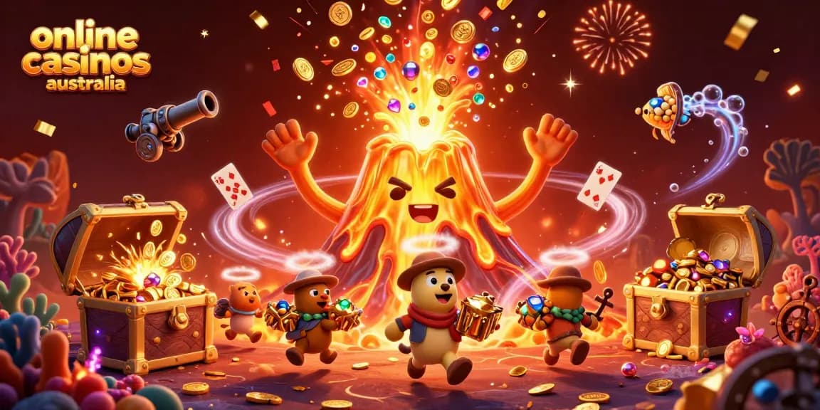 Experience the thrill of online casinos in Australia with a vibrant 3D illustration featuring a golden volcano.