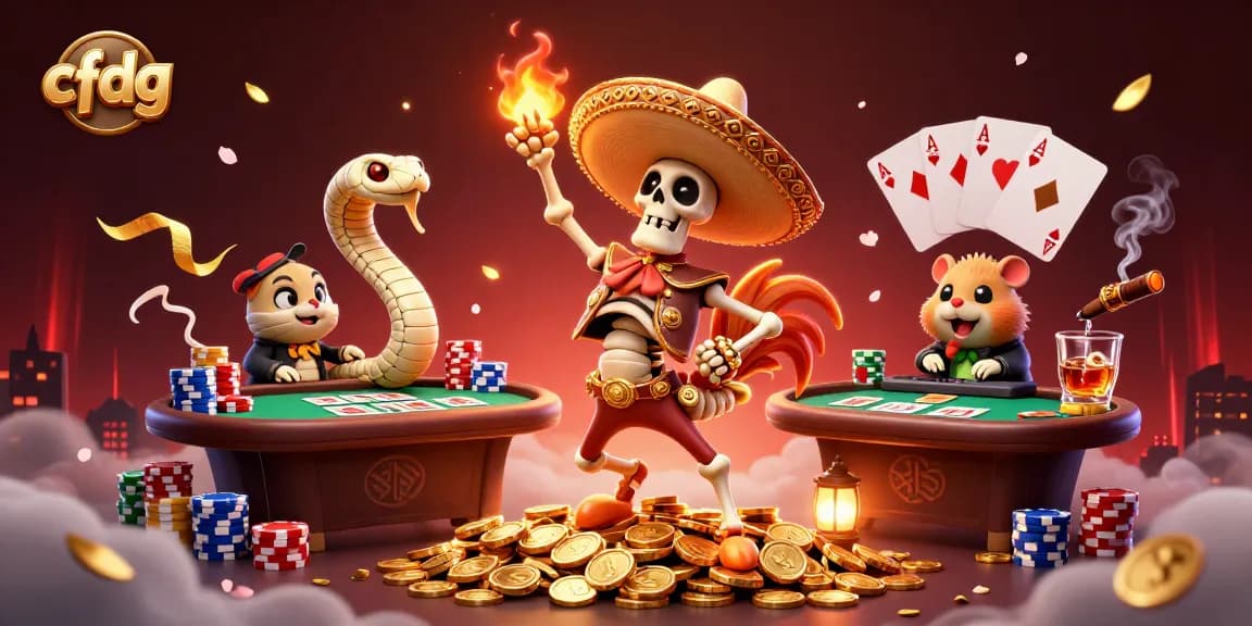 Exciting cfdg scene featuring a 3D cartoon skeleton rooster celebrating on coins, surrounded by poker elements.