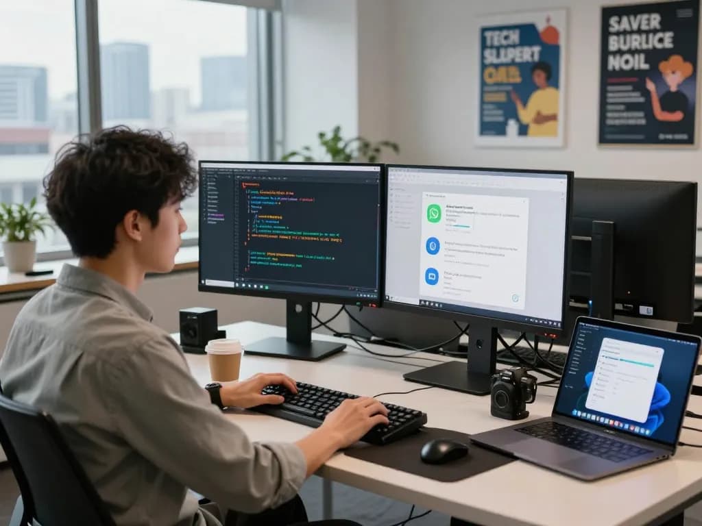 Engaged developer using Clawdbot AI in a modern workspace, dual monitors showcasing code and assistant interface.