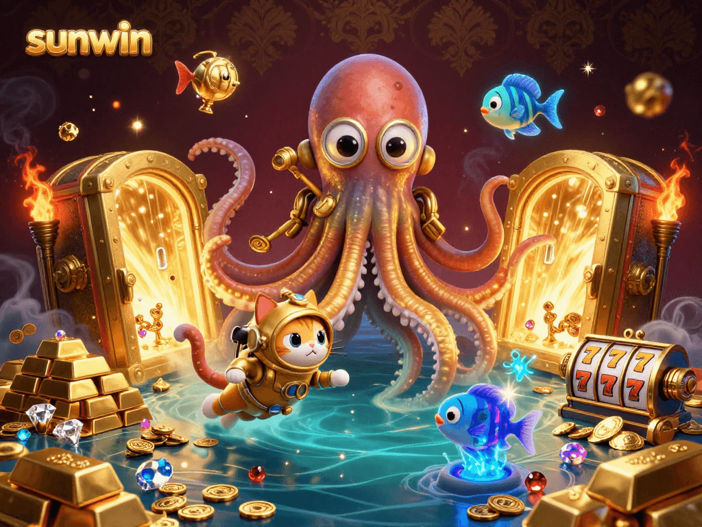 Watch the colossal kraken and charming diving cat reveal treasures at sunwin's exciting casino adventure.