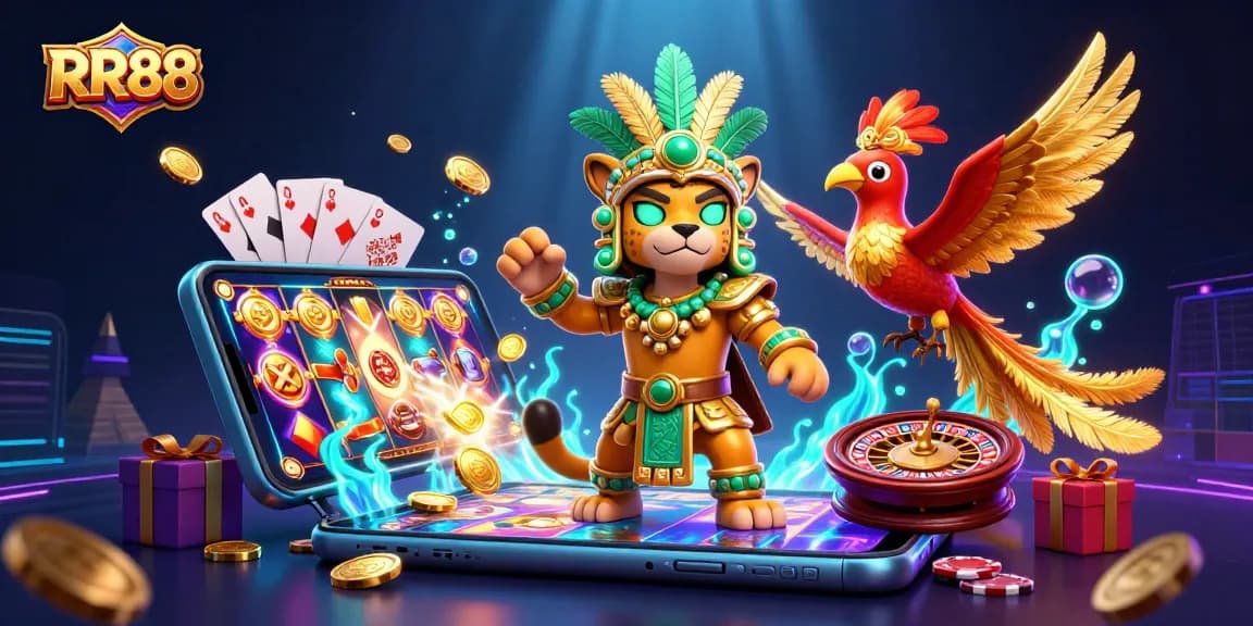 Experience RR88's captivating casino world with vibrant games and dynamic elements in this illustration.