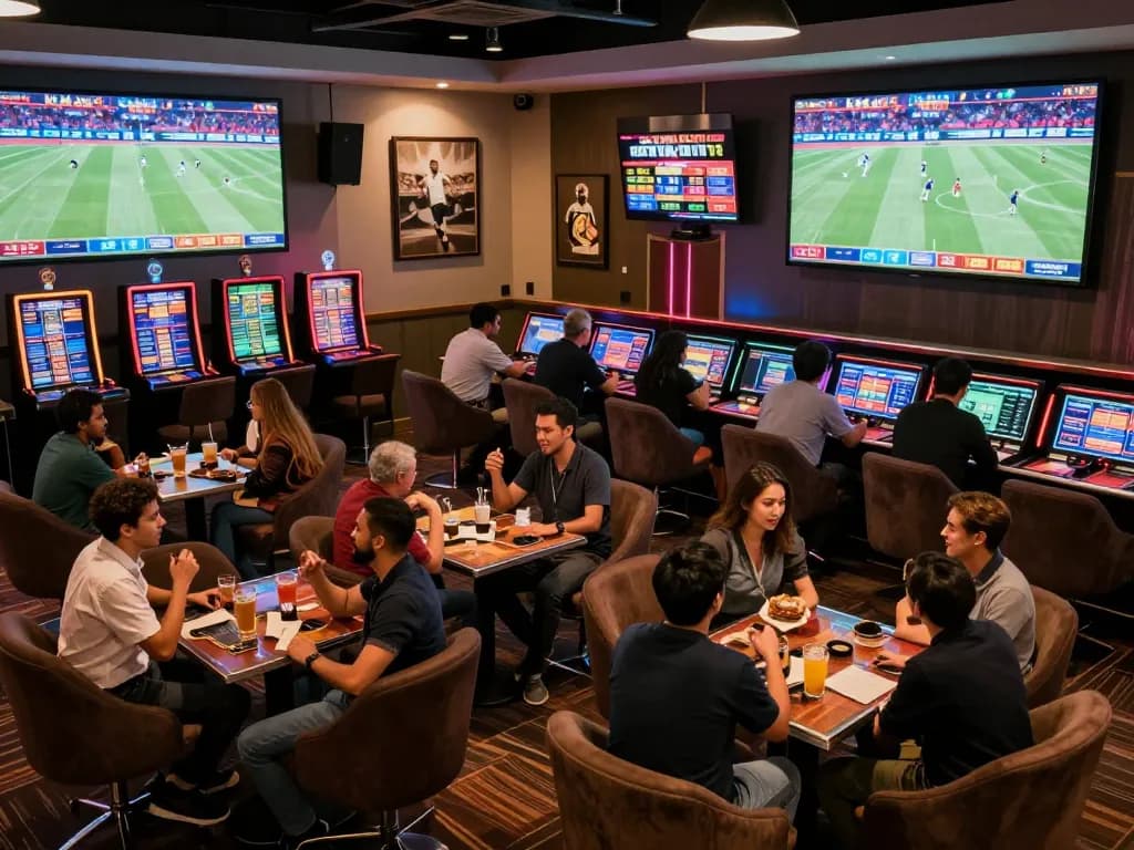 Engaged gamblers reviewing kèo nhà cái in a sports betting lounge, energetic atmosphere capturing excitement.