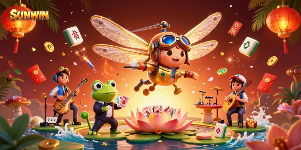 SUNWIN casino scene with a dragonfly pilot, frog croupier, and jazz cricket musicians thriving in vibrant atmosphere.