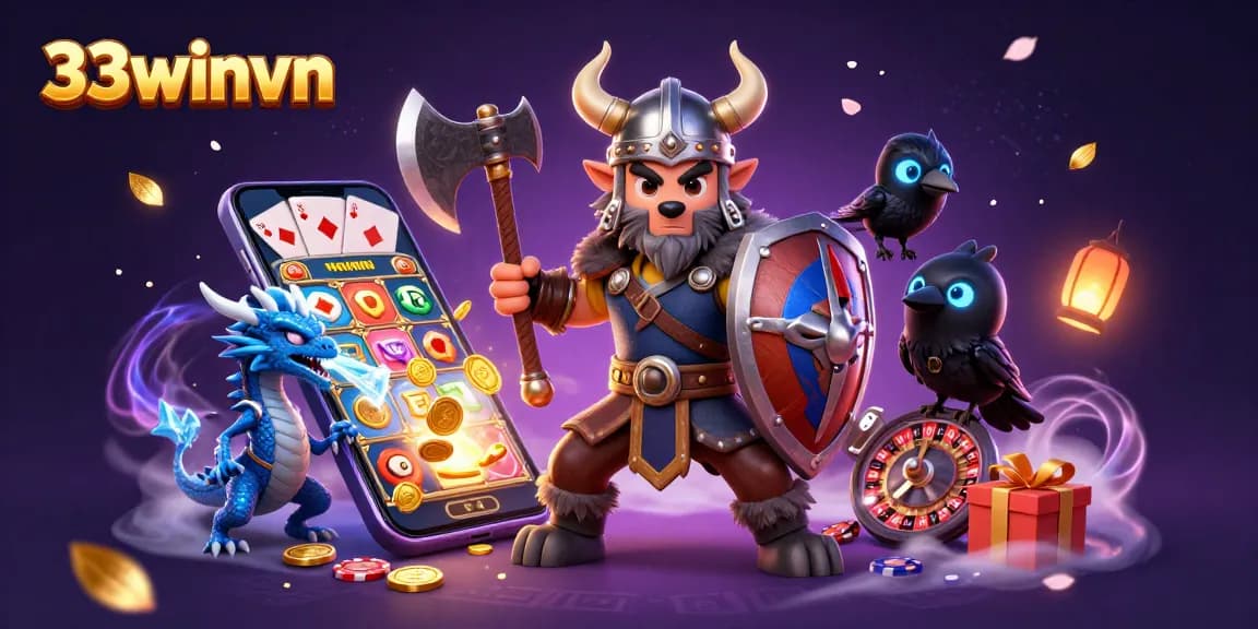 Engage with exhilarating games at 33winvn, featuring a 3D Viking wolf warrior and dragon amidst slot action.
