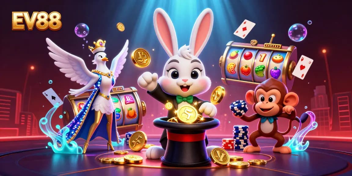 Join the excitement of EV88 gaming with the magician rabbit, poker chips, and golden treasures!