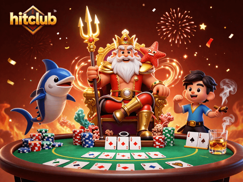 Win big at hitclub casino with Neptune and poker elements amidst vibrant casino atmosphere