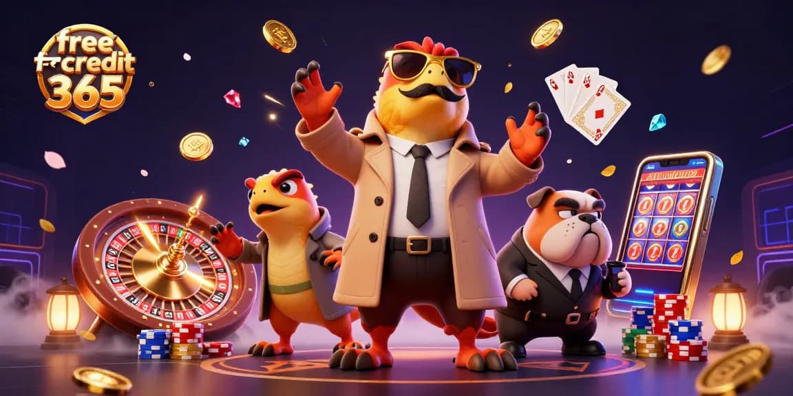 Experience the excitement of free credit 365 with cartoon raptors attempting VIP casino entry, amid vibrant gaming elements.