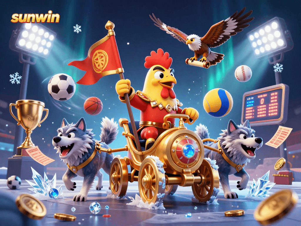 sunwin captures an exciting scene with a rooster warlord, sports elements, and dynamic casino action.