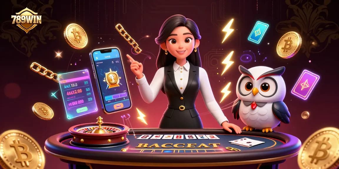 Experience gaming excitement at 789WIN with a vibrant casino illustration showcasing a live baccarat scene.