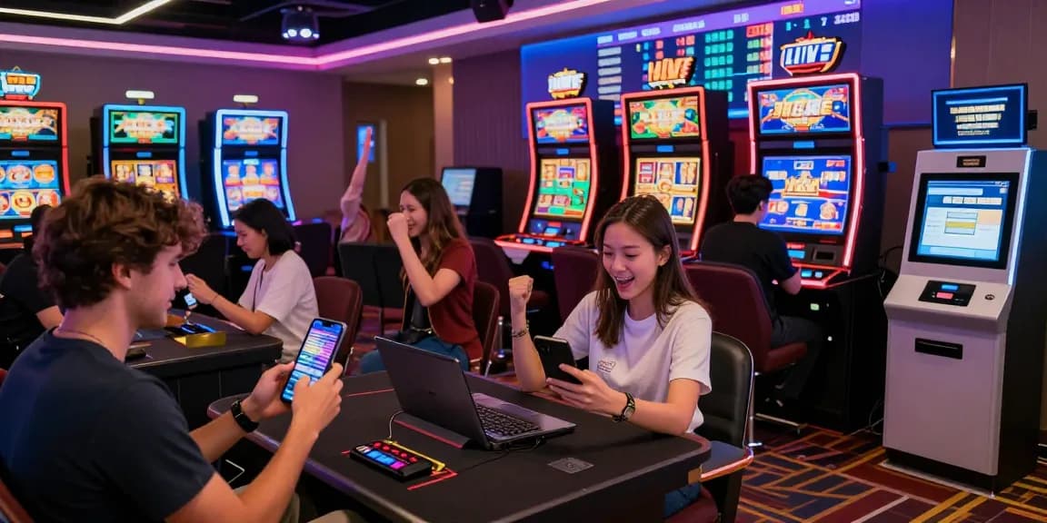 Trusted Malaysia online casino with players enjoying mobile gaming and vibrant slot machines in a lively atmosphere.