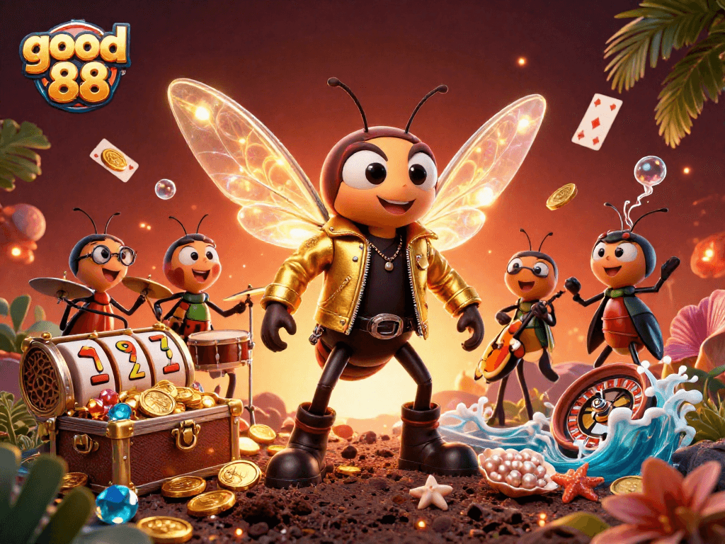 Play thrilling games with good 88 inspired 3D casino illustration, featuring dynamic characters and magical elements.