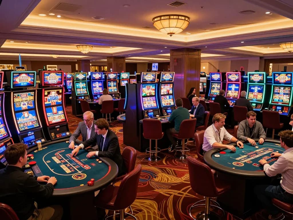 Experience the thrill of gaming at llwin's luxurious casino with vibrant slot machines and engaged players