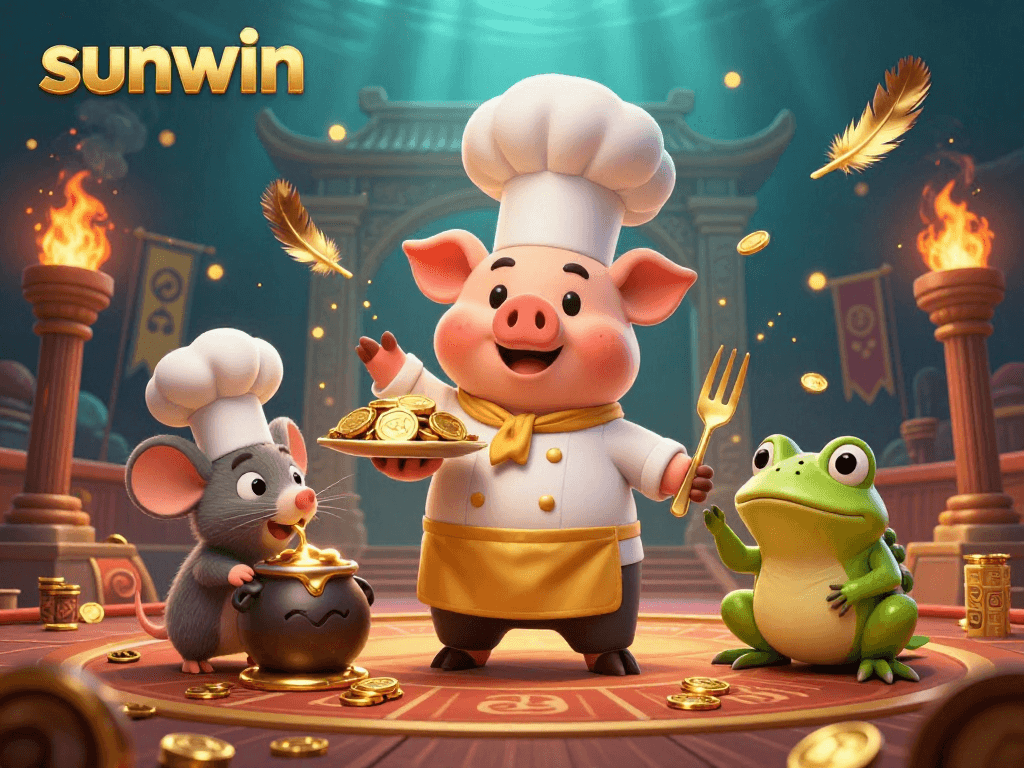 Experience winning strategies at sunwin with a vibrant 3D casino scene featuring a chef pig and gold coins.