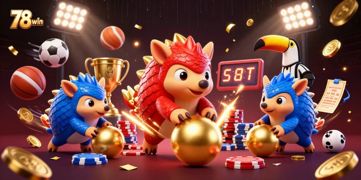Engaging action scene featuring rival pangolins in 78win casino game, competing with sports balls and poker chips.