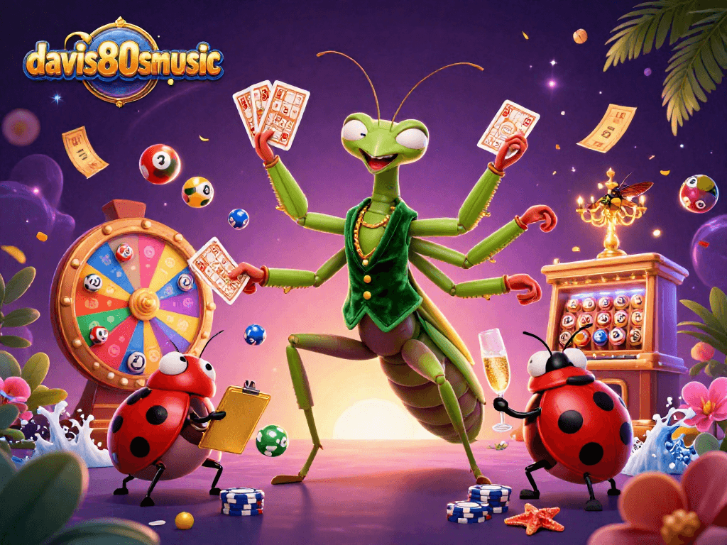 Engage in a vibrant casino scene with davis80smusic, featuring a praying mantis card sharp and lively animations.