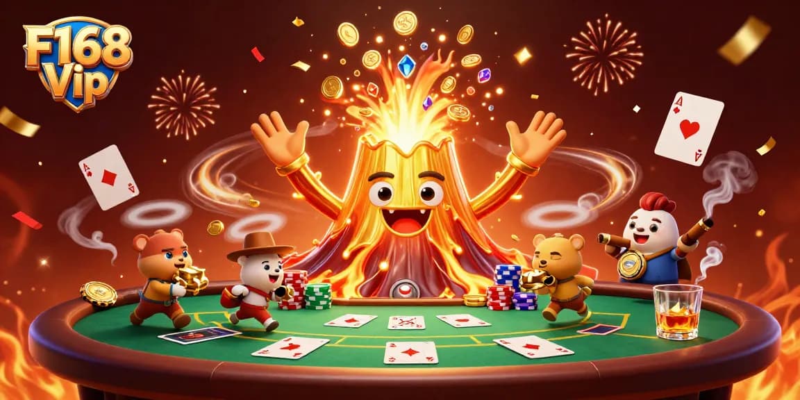 Experience thrilling wins at F168 Vip with a golden volcano erupting coins amidst vibrant casino action.