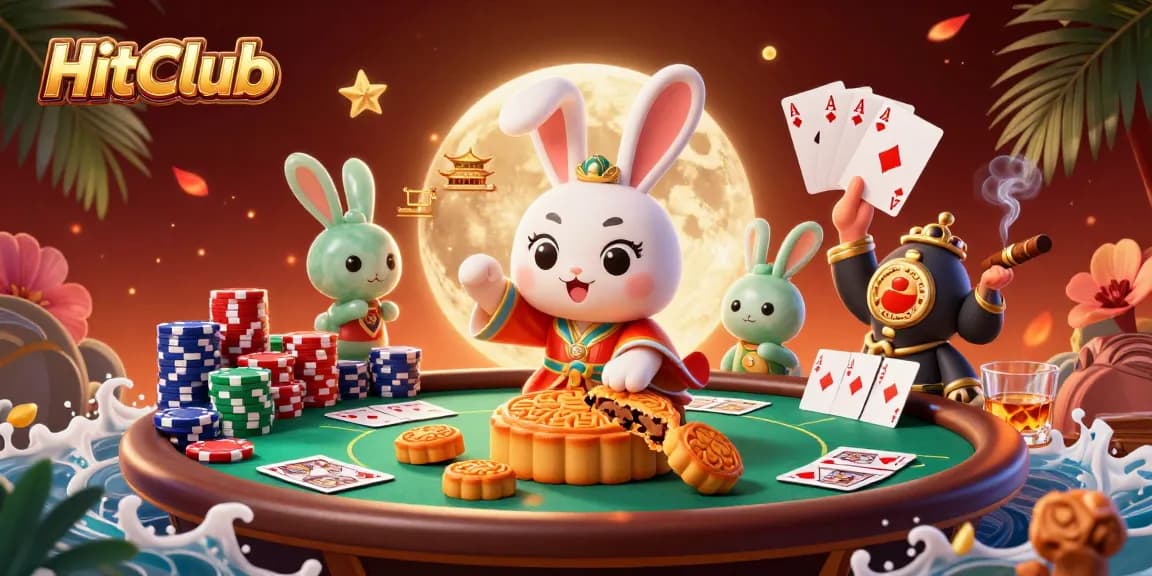 Experience HitClub with vibrant casino elements featuring poker chips and rabbit characters in an exciting 3D illustration.