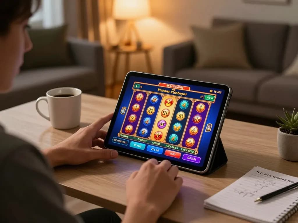 Engaging in online slot gaming on af88, showcasing a vibrant tablet interface and cozy atmosphere.