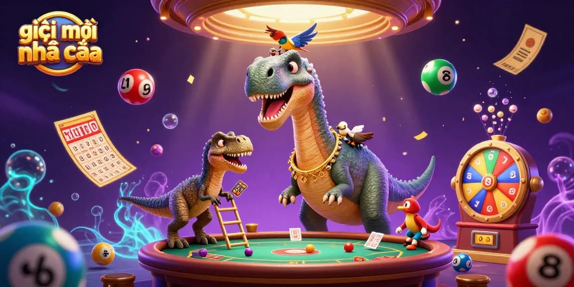 Play with excitement at giải mã nhà cái as a brontosaurus watches a raptor deal cards in a vibrant casino setting.