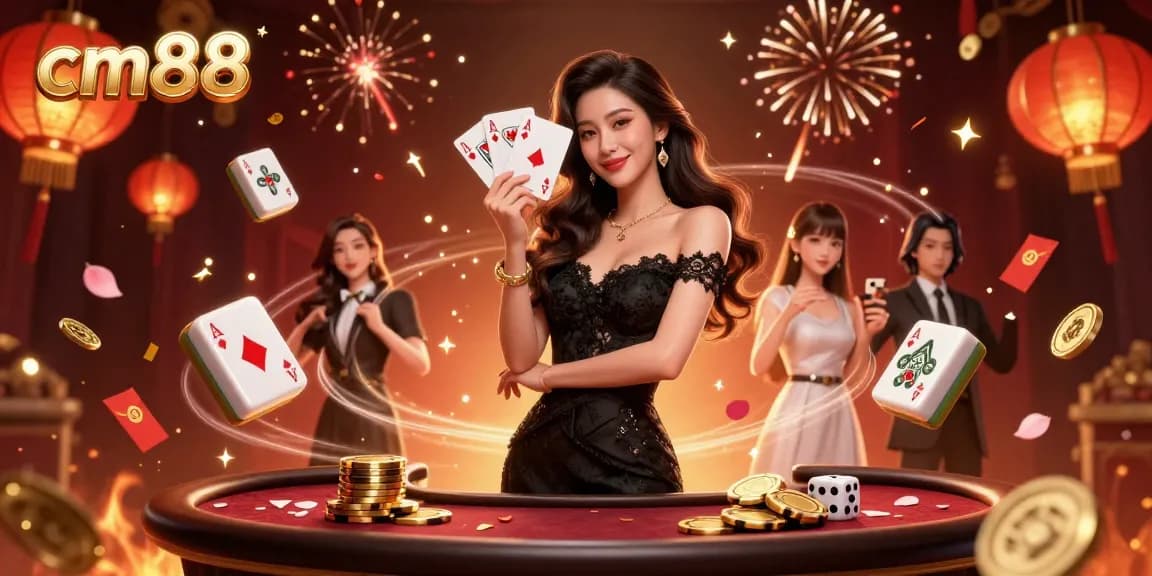 Win big at cm88 with a vibrant 3D casino scene featuring elegant Asian woman holding playing cards.