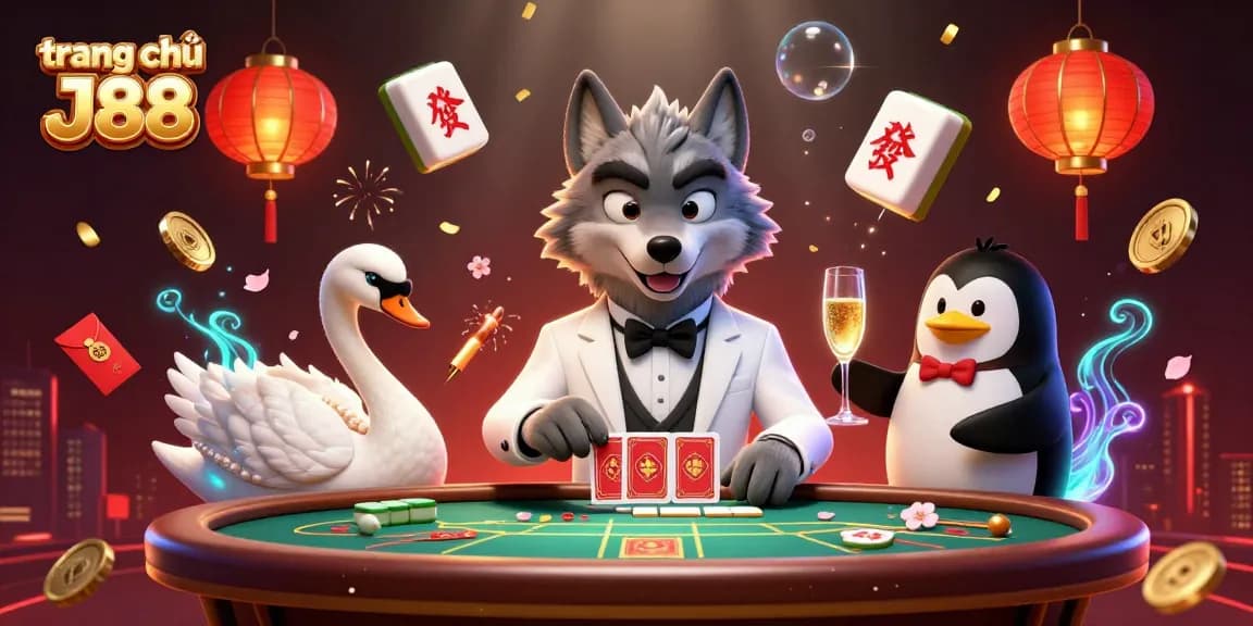 Engage with the exciting trang chủ J88 casino scene featuring a debonair wolf, elegant swan, and penguin sommeliers.