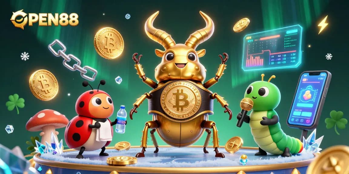 Engage with the OPEN88 gaming adventure featuring a golden stag beetle champion in a vibrant casino clash.