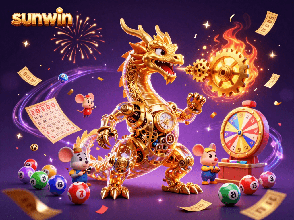 Sunwin lottery excitement emanates from a colorful 3D dragon breathing golden gears and cogs.