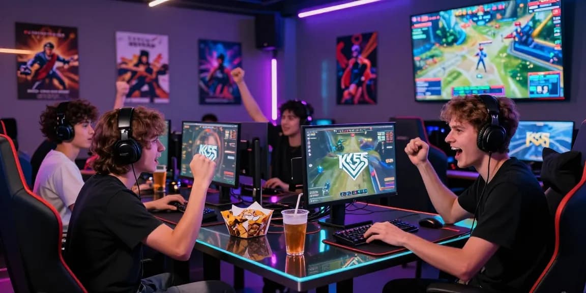KK55 gaming lounge atmosphere with players enjoying a thrilling game session, vibrant colors highlighting the excitement.