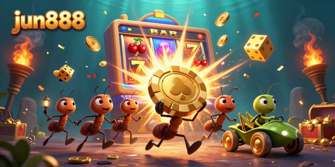 Experience exciting action at jun888 as ants embark on a thrilling heist with golden poker chips!