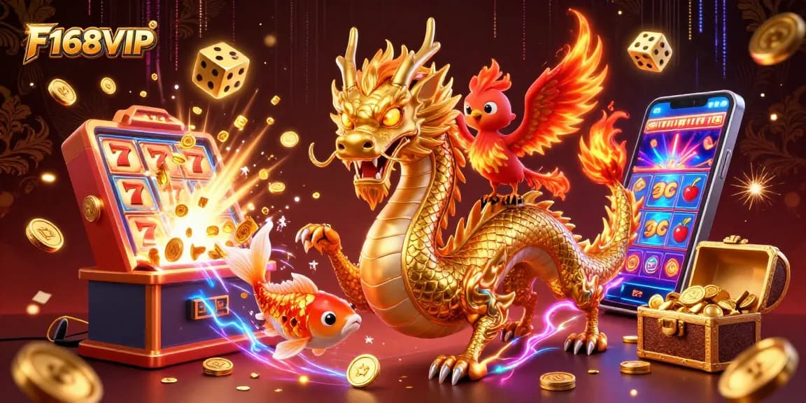 Experience excitement at F168VIP with a vibrant 3D casino scene featuring dynamic elements and characters.