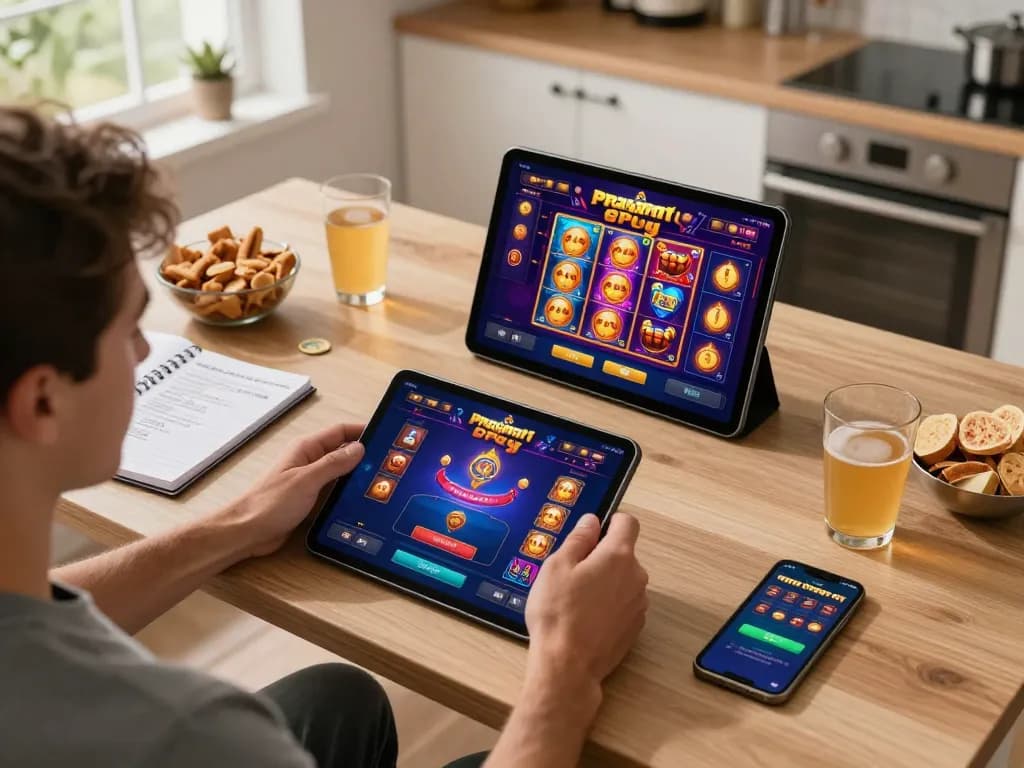 Engaging gameplay on Pragmati Play slots as player enjoys online gaming at home with tablet.