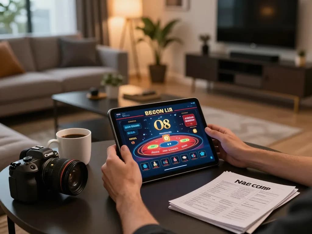 O8 user engaging in online gaming strategy at home with tablet, showcasing comfortable setting.