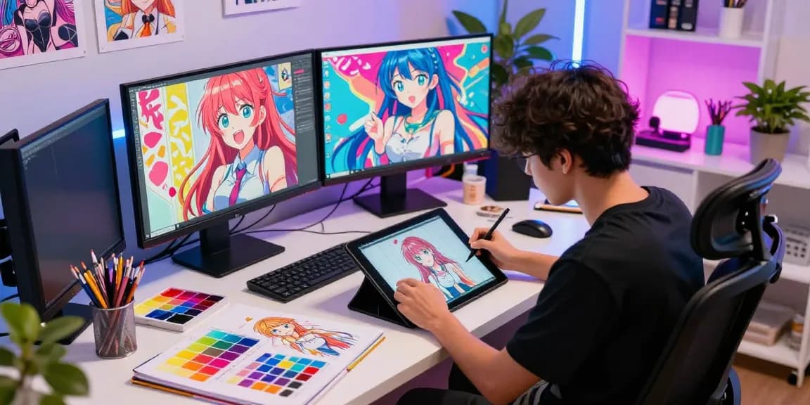 Creating stunning ai ecchi art in a vibrant digital studio, showcasing character design tools and creative atmosphere.