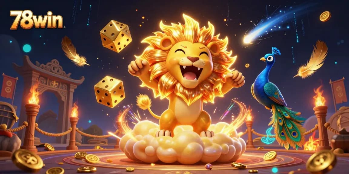 Engage with thrilling gameplay at 78win, featuring lion companion and golden dice in a vibrant casino setting.