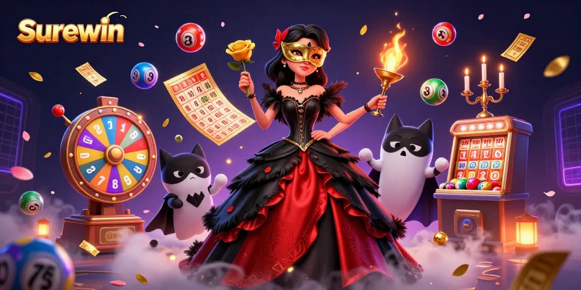 Experience exciting gameplay with Surewin as vibrant lottery elements burst around a glamorous scene.